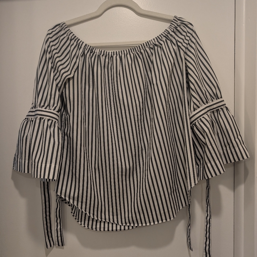 Black and White Striped Off-Shoulder Blouse Flare Tie Sleeves